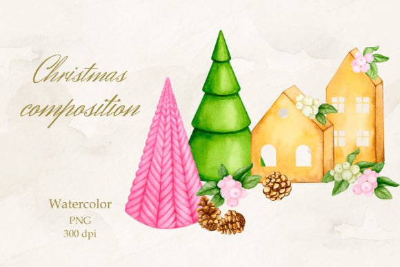 Christmas Composition. Watercolor. PNG: A Scandinavian-Inspired Design Asset